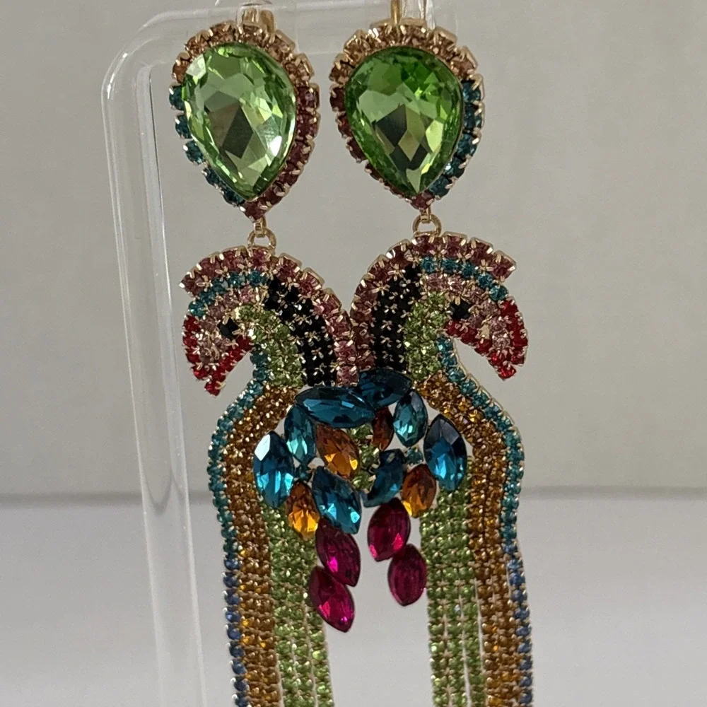 Elegant Multicolor Rhinestone Bird Parrot Dangle Earrings 5 inch Long